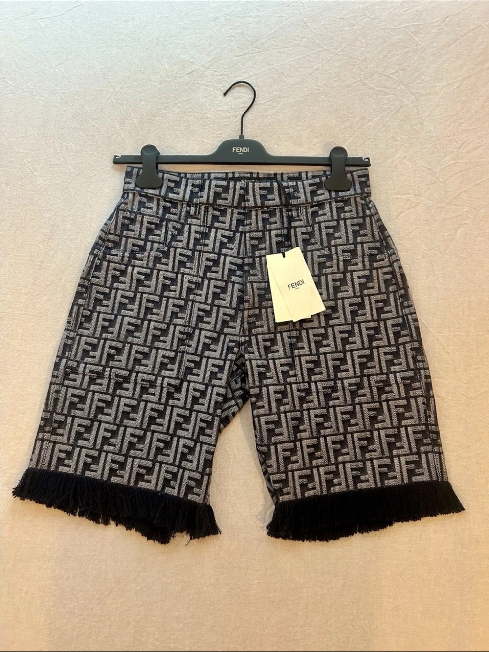 Fendi Black & Gray FF Jacquard Fringe Hem Bermuda Shorts